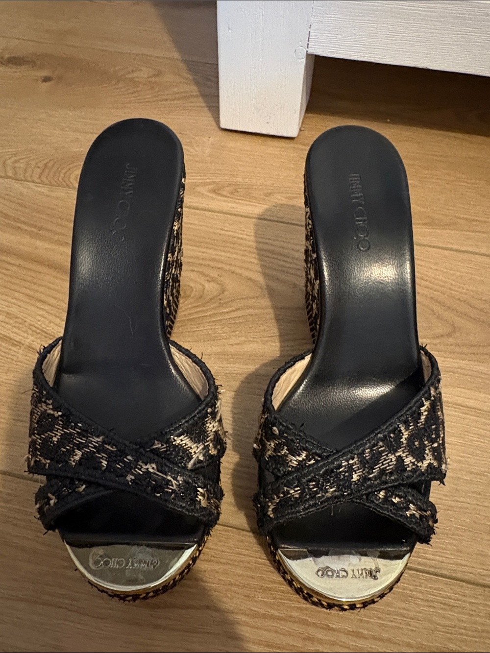 Jimmy Choo Black and Beige Tweed Crisscross Mules size 37